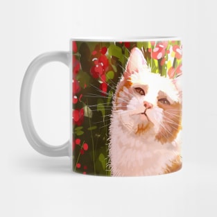 Patterned white orange Cat Chilling in the garden surrounded by flowers Mug